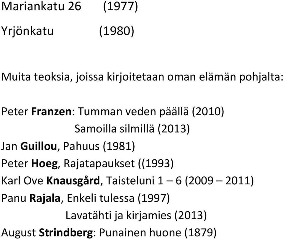 Pahuus (1981) Peter Hoeg, Rajatapaukset ((1993) Karl Ove Knausgård, Taisteluni 1 6 (2009