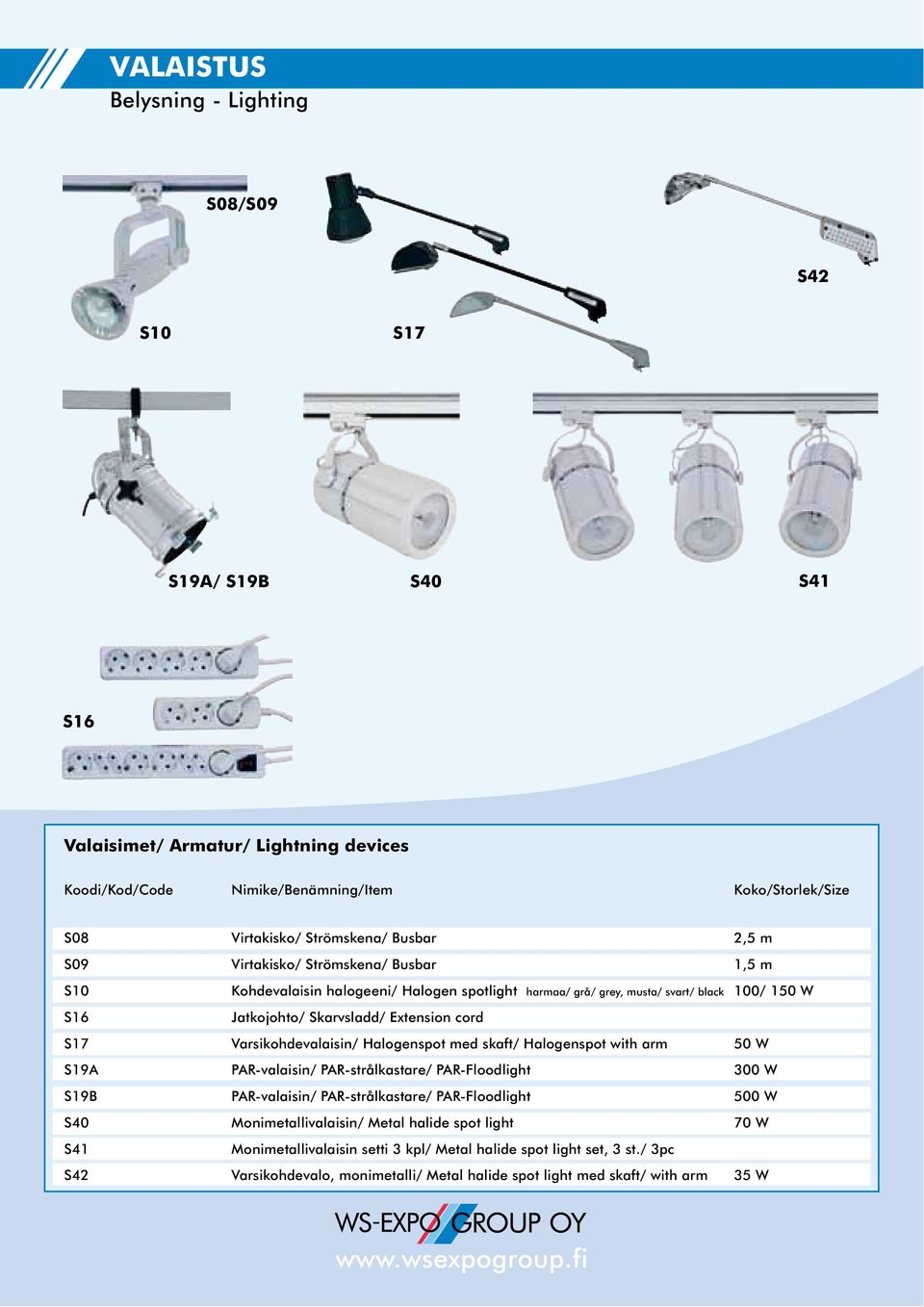 Varsikohdevalaisin/ Halogenspot med skaft/ Halogenspot with arm 50 W S19A PAR-valaisin/ PAR-strålkastare/ PAR-Floodlight 300 W S19B PAR-valaisin/ PAR-strålkastare/ PAR-Floodlight 500 W S40