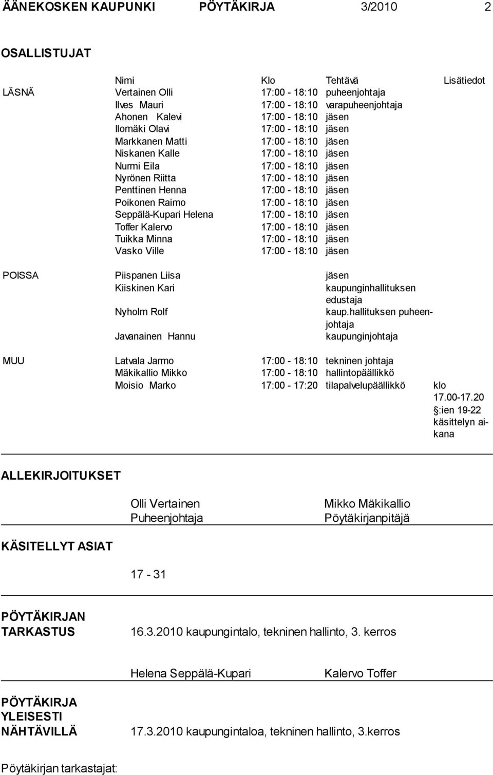 jäsen Poikonen Raimo 17:00-18:10 jäsen Seppälä-Kupari Helena 17:00-18:10 jäsen Toffer Kalervo 17:00-18:10 jäsen Tuikka Minna 17:00-18:10 jäsen Vasko Ville 17:00-18:10 jäsen POISSA Piispanen Liisa