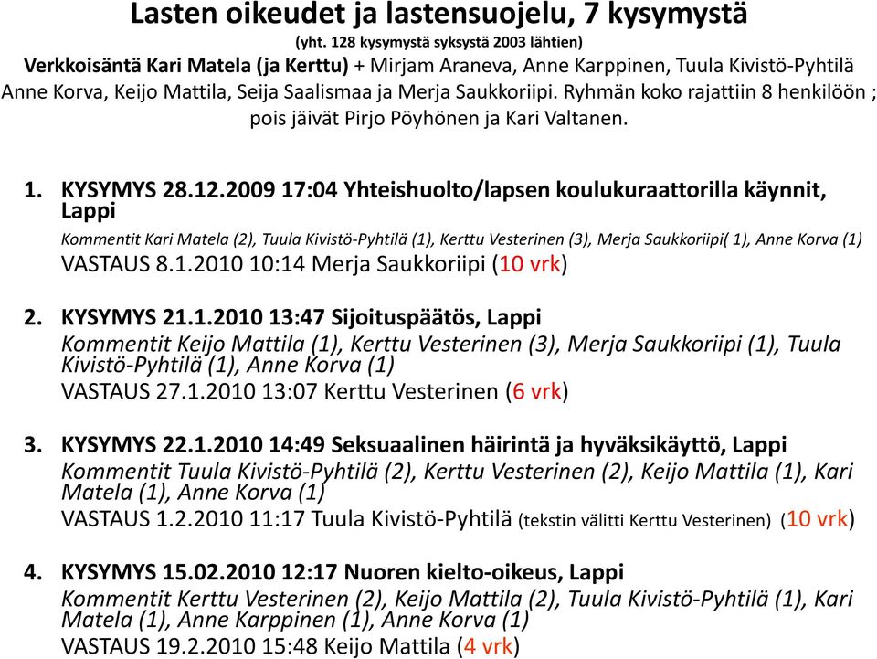 Ryhmän koko rajattiin 8 henkilöön ; pois jäivät Pirjo Pöyhönen ja Kari Valtanen. 1. KYSYMYS 28.12.