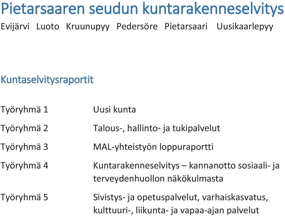 hallinto- ja tukipalvelut MAL-yhteistyön loppuraportti Kuntarakenneselvitys kannanotto sosiaali- ja