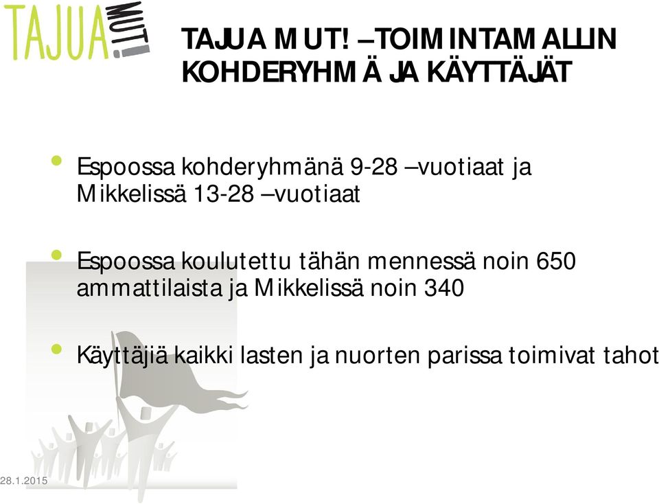 9-28 vuotiaat ja Mikkelissä 13-28 vuotiaat Espoossa koulutettu