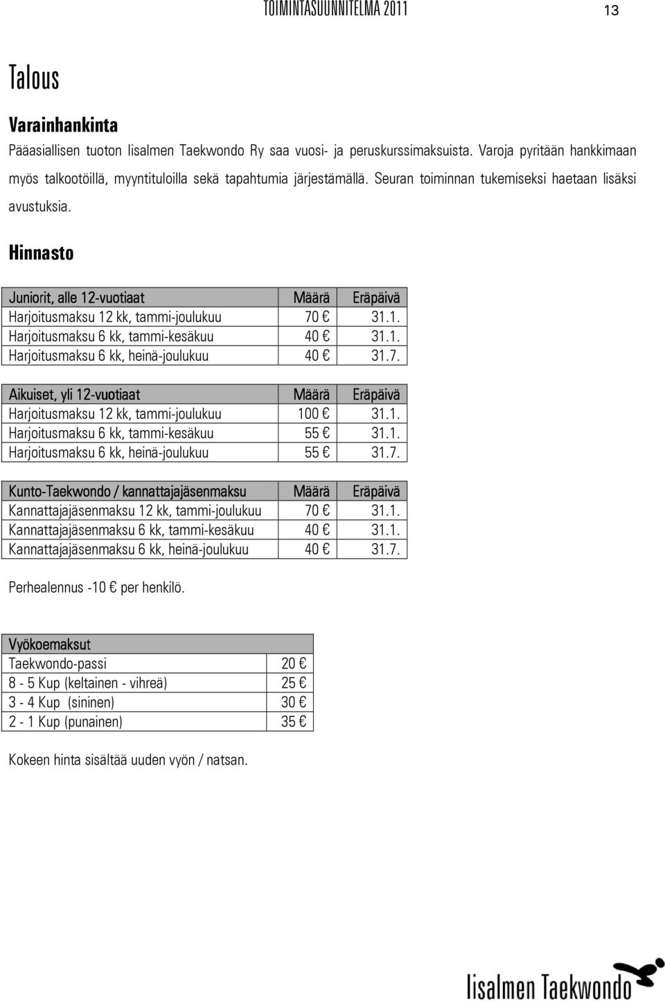 Hinnasto Juniorit, alle 12-vuotiaat Määrä Eräpäivä Harjoitusmaksu 12 kk, tammi-joulukuu 70 31.1. Harjoitusmaksu 6 kk, tammi-kesäkuu 40 31.1. Harjoitusmaksu 6 kk, heinä-joulukuu 40 31.7. Aikuiset,, yli 12-vuotiaat Määrä Eräpäivä Harjoitusmaksu 12 kk, tammi-joulukuu 100 31.