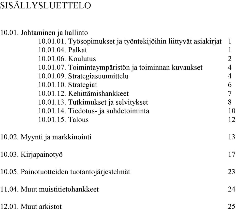 Kehittämishankkeet 7 10.01.13. Tutkimukset ja selvitykset 8 10.01.14. Tiedotus- ja suhdetoiminta 10 10.01.15. Talous 12 10.02.