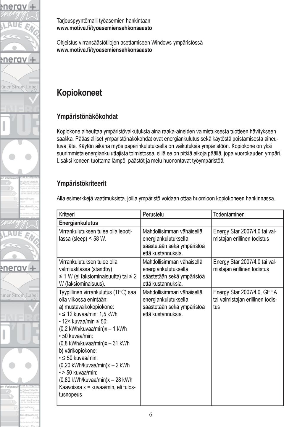 fi/tyoasemiensahkonsaasto Kopiokoneet Ympäristönäkökohdat Kopiokone aiheuttaa ympäristövaikutuksia aina raaka-aineiden valmistuksesta tuotteen hävitykseen saakka.