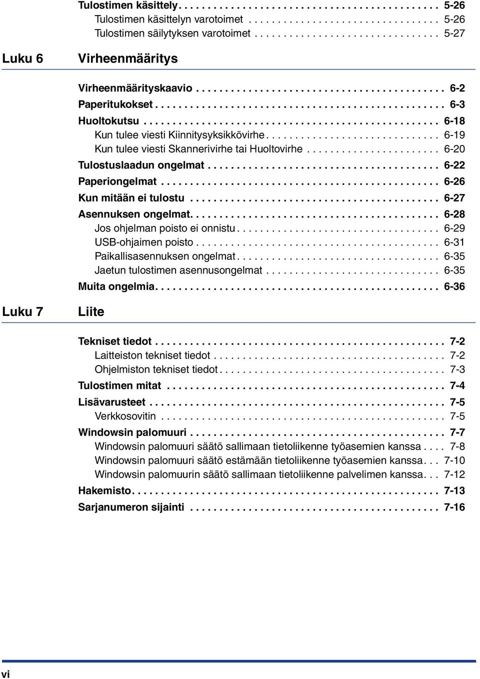 .................................................. 6-18 Kun tulee viesti Kiinnitysyksikkövirhe.............................. 6-19 Kun tulee viesti Skannerivirhe tai Huoltovirhe.