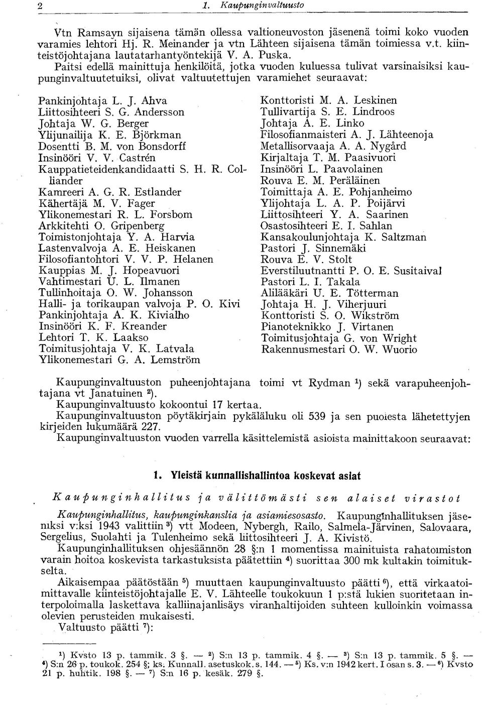 Ahva Liittosihteeri S. G. Andersson Johtaja W. G. Berger Ylijunailija K. E. Björkman Dosentti B. M. von Bonsdorff Insinööri V. V. Castren Kauppatieteidenkandidaatti S. H. R. Colliander Kamreeri A. G. R. Estlander Kähertäjä M.