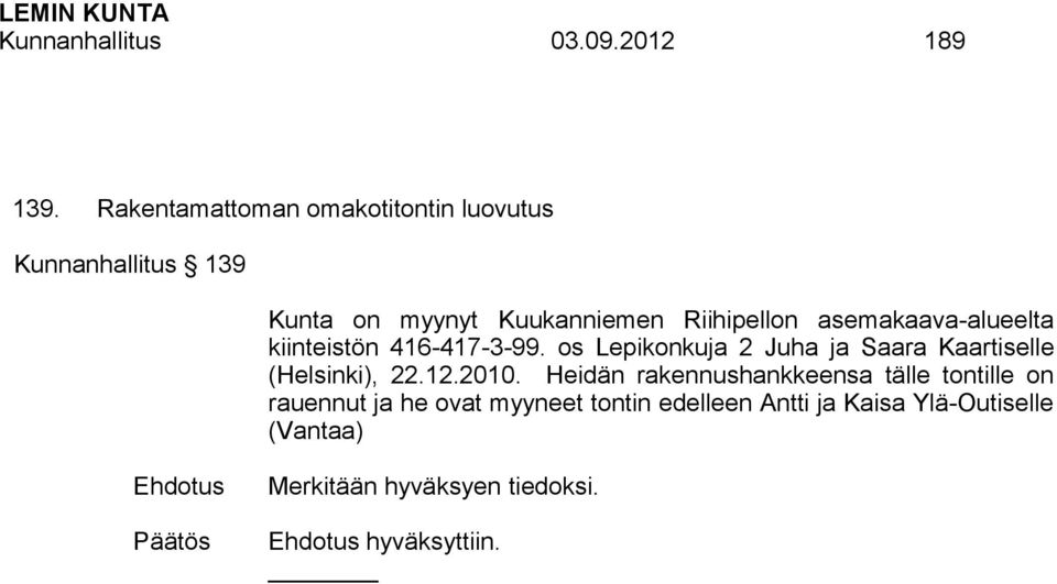 asemakaava-alueelta kiinteistön 416-417-3-99. os Lepikonkuja 2 Juha ja Saara Kaartiselle (Helsinki), 22.