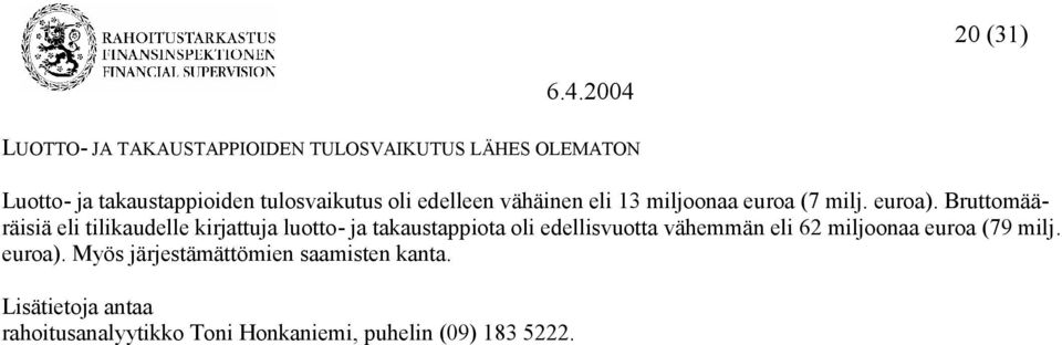 Bruttomääräisiä eli tilikaudelle kirjattuja luotto- ja takaustappiota oli edellisvuotta vähemmän eli 62