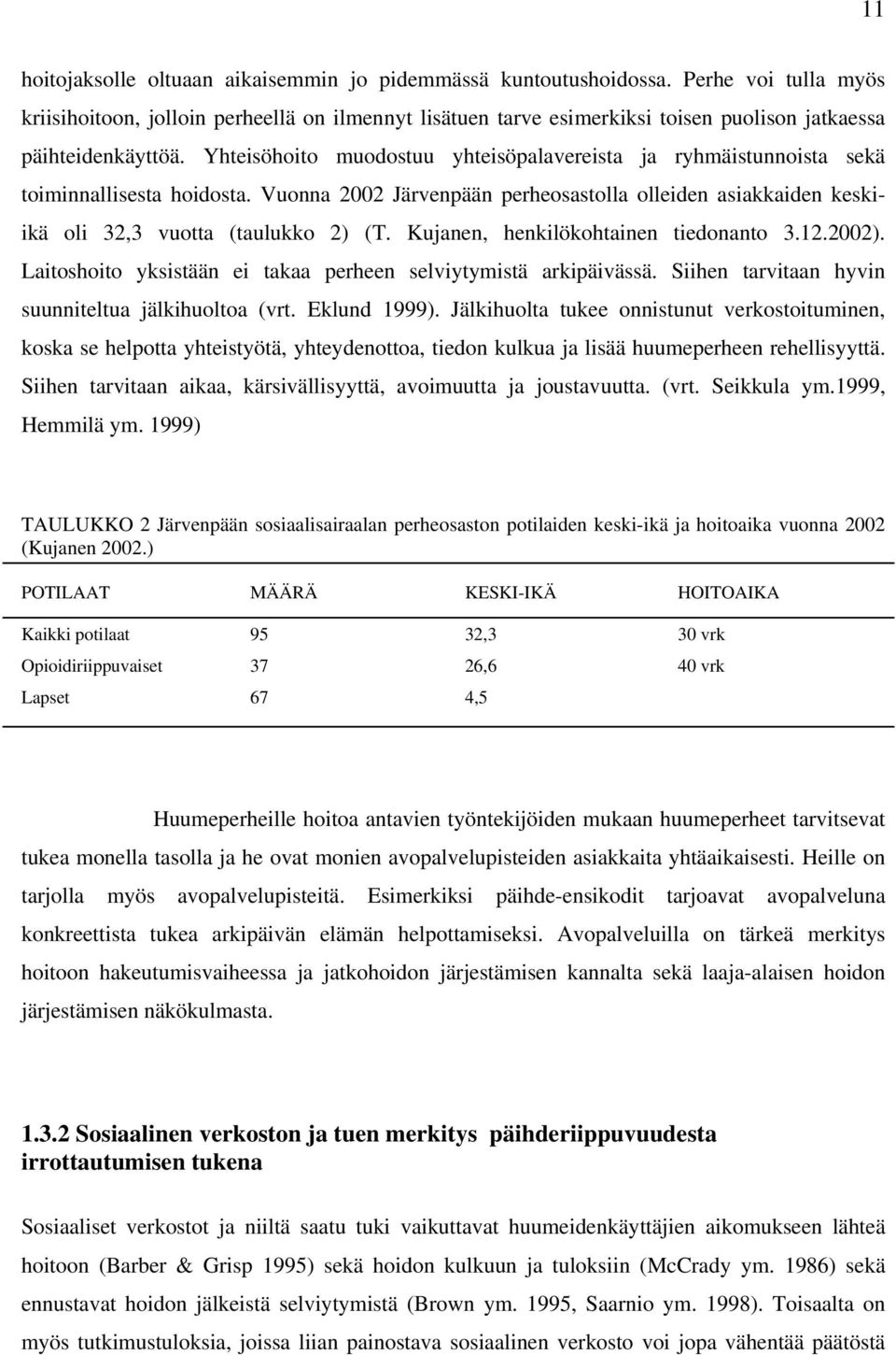 Yhteisöhoito muodostuu yhteisöpalavereista ja ryhmäistunnoista sekä toiminnallisesta hoidosta. Vuonna 2002 Järvenpään perheosastolla olleiden asiakkaiden keskiikä oli 32,3 vuotta (taulukko 2) (T.