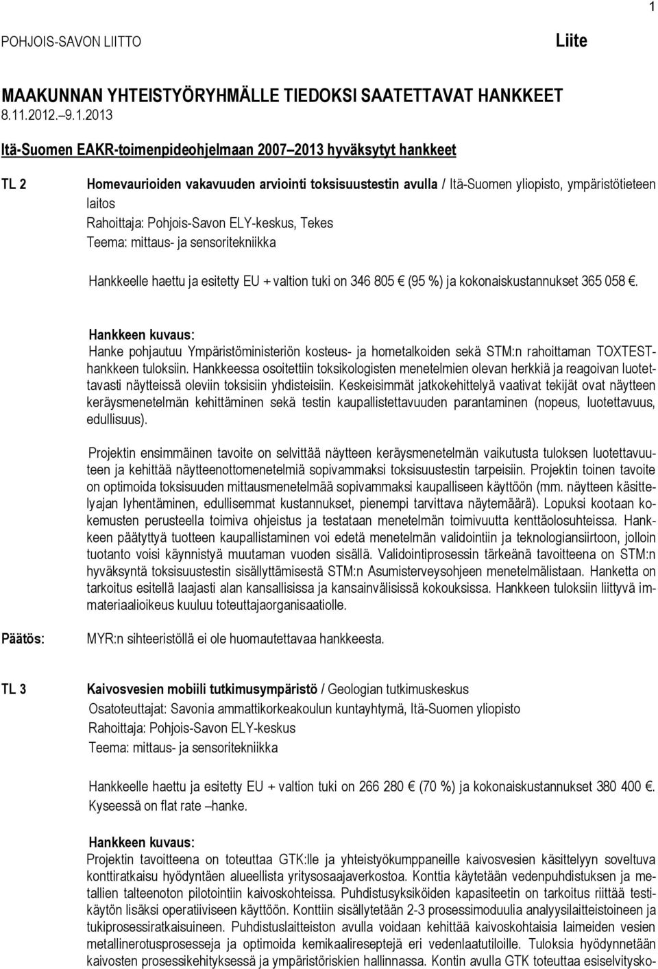 kokonaiskustannukset 365 058. Hanke pohjautuu Ympäristöministeriön kosteus- ja hometalkoiden sekä STM:n rahoittaman TOXTESThankkeen tuloksiin.