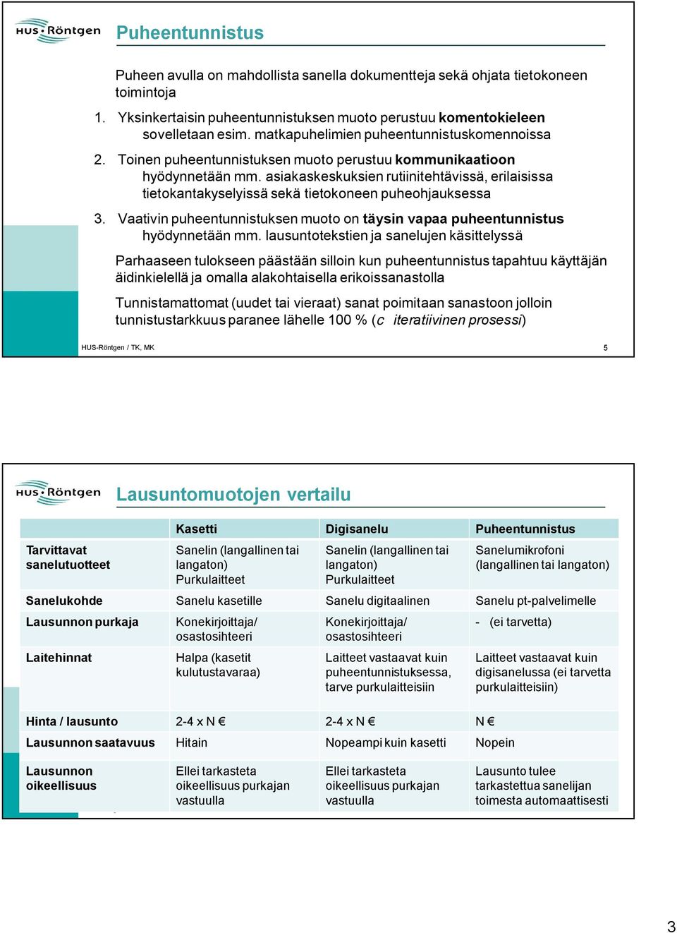 asiakaskeskuksien rutiinitehtävissä, erilaisissa tietokantakyselyissä sekä tietokoneen puheohjauksessa 3. Vaativin puheentunnistuksen muoto on täysin vapaa puheentunnistus hyödynnetään mm.