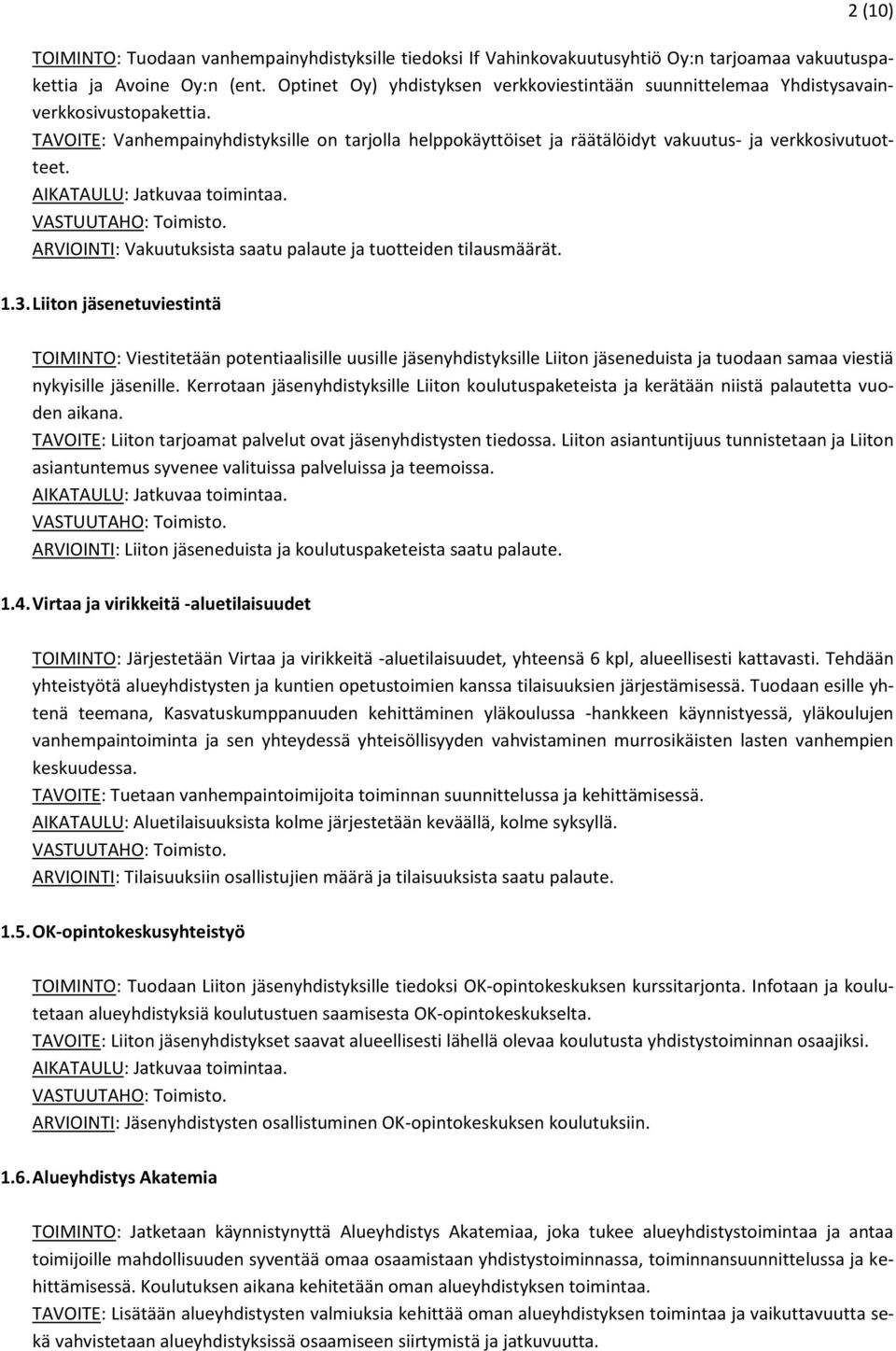 TAVOITE: Vanhempainyhdistyksille on tarjolla helppokäyttöiset ja räätälöidyt vakuutus- ja verkkosivutuotteet. ARVIOINTI: Vakuutuksista saatu palaute ja tuotteiden tilausmäärät. 1.3.