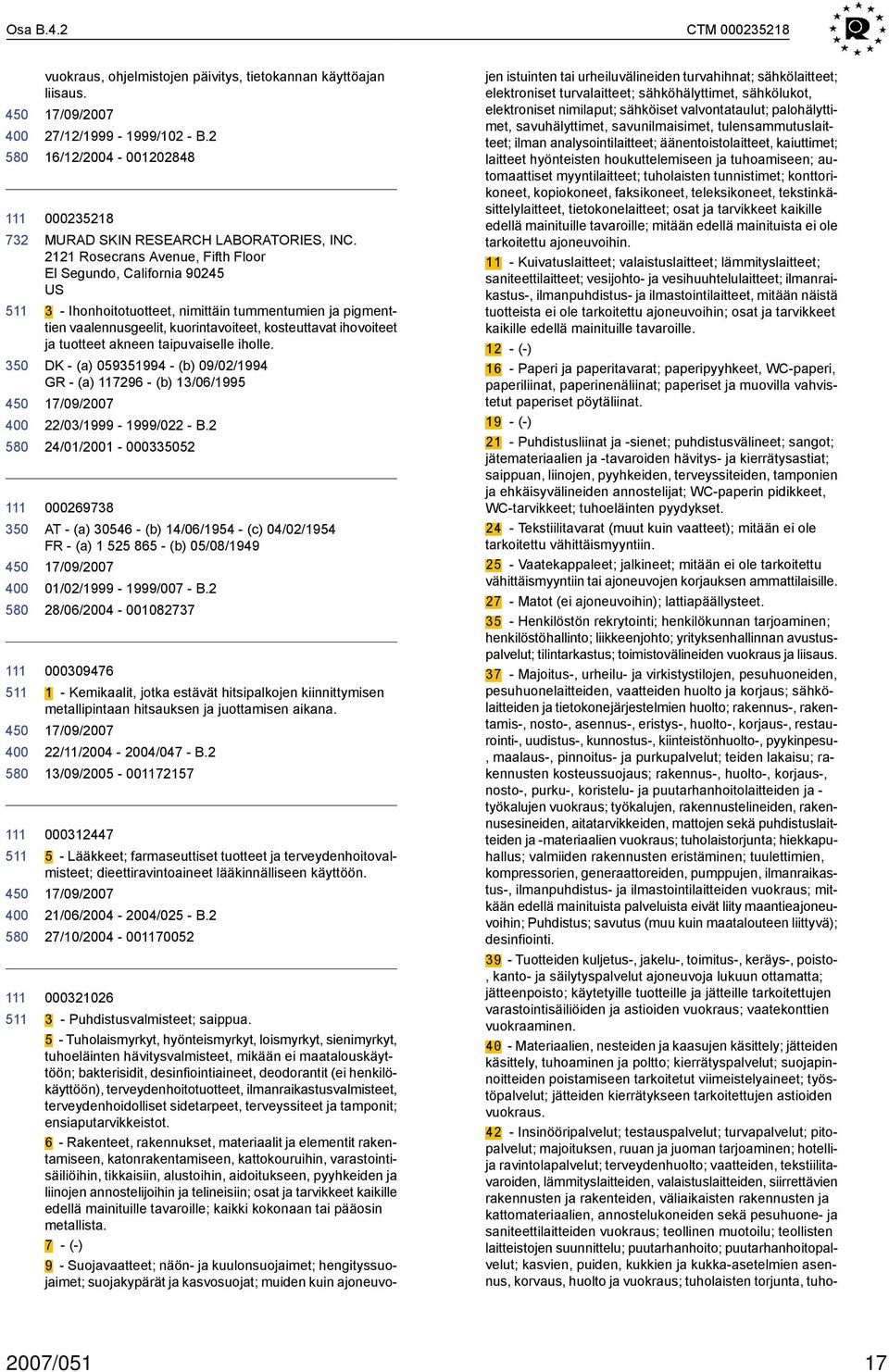 akneen taipuvaiselle iholle. (a) 059351994 (b) 09/02/1994 GR (a) 117296 (b) 13/06/1995 22/03/1999 1999/022 B.