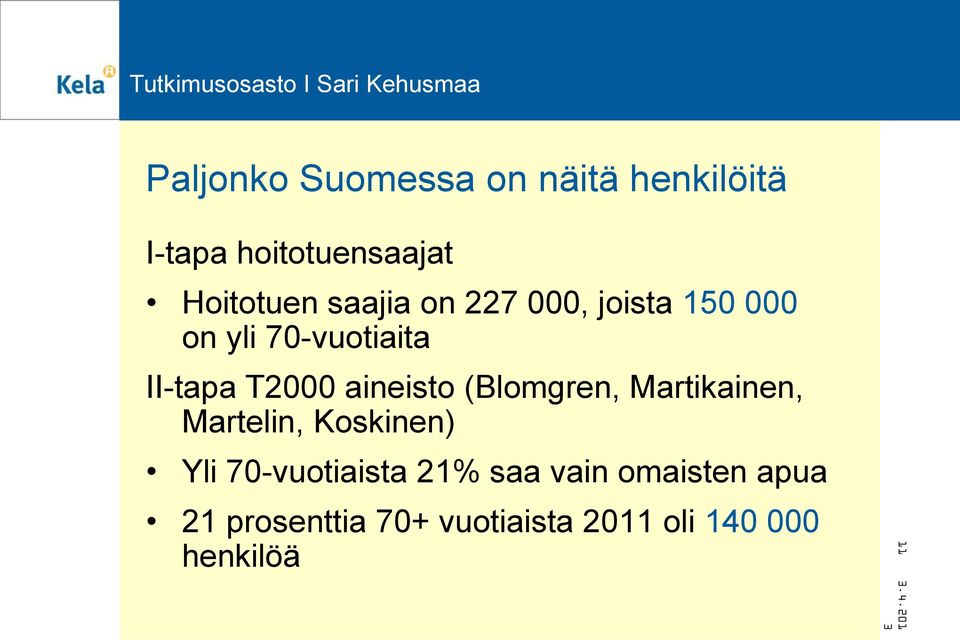 aineisto (Blomgren, Martikainen, Martelin, Koskinen) Yli 70-vuotiaista 21%