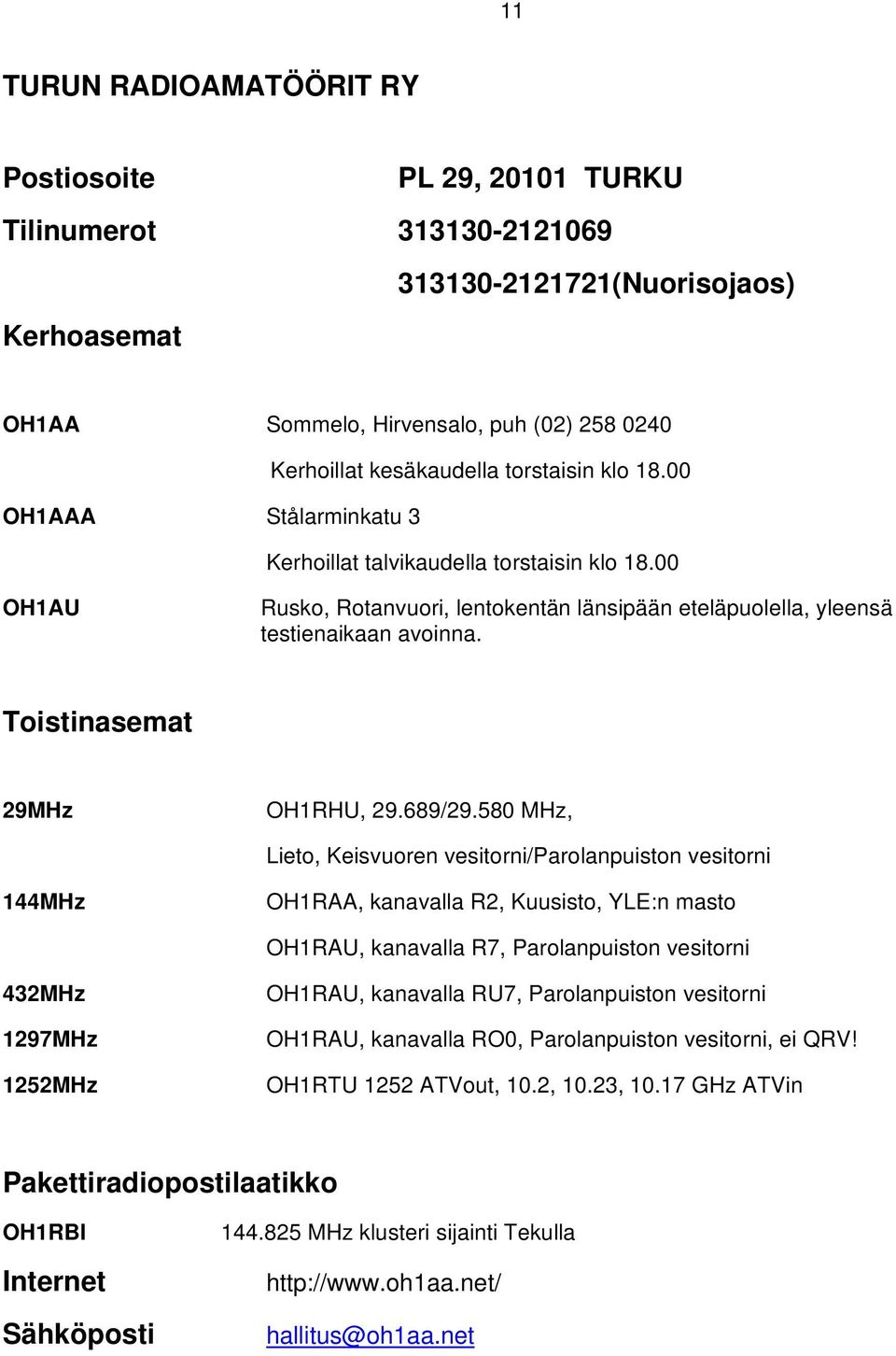 Toistinasemat 29MHz OH1RHU, 29.689/29.