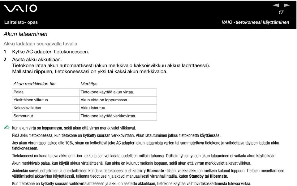 Akun merkkivalon tila Palaa Yksittäinen vilkutus Kaksoisvilkutus Sammunut Merkitys Tietokone käyttää akun virtaa. Akun virta on loppumassa. Akku latautuu. Tietokone käyttää verkkovirtaa.