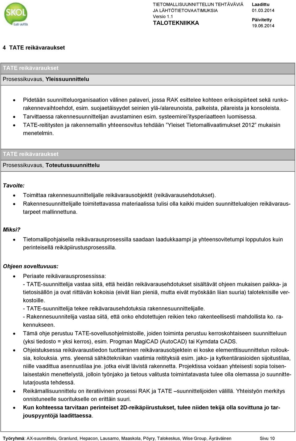 systeemirei itysperiaatteen luomisessa. TATE-reititysten ja rakennemallin yhteensovitus tehdään Yleiset Tietomallivaatimukset 2012 mukaisin menetelmin.