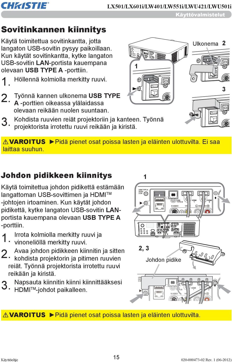 Työnnä kannen ulkonema USB TYPE A -porttien oikeassa ylälaidassa olevaan reikään nuolen suuntaan. Kohdista ruuvien reiät projektoriin ja kanteen.