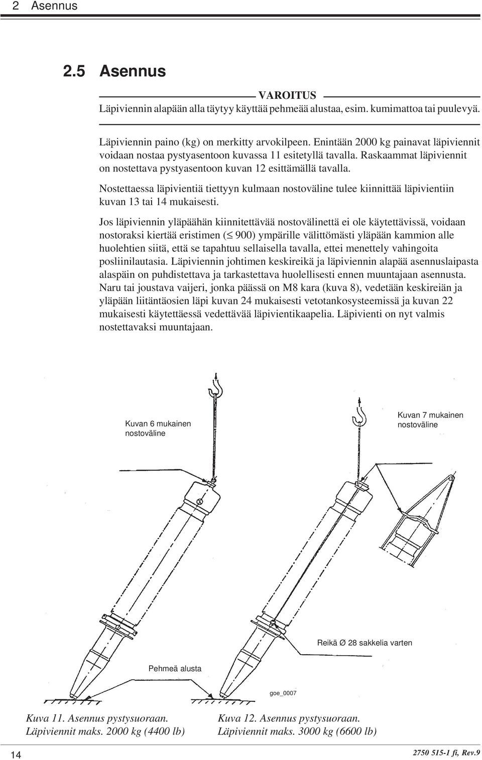 Nostettaessa läpivientiä tiettyyn kulmaan nostoväline tulee kiinnittää läpivientiin kuvan 13 tai 14 mukaisesti.