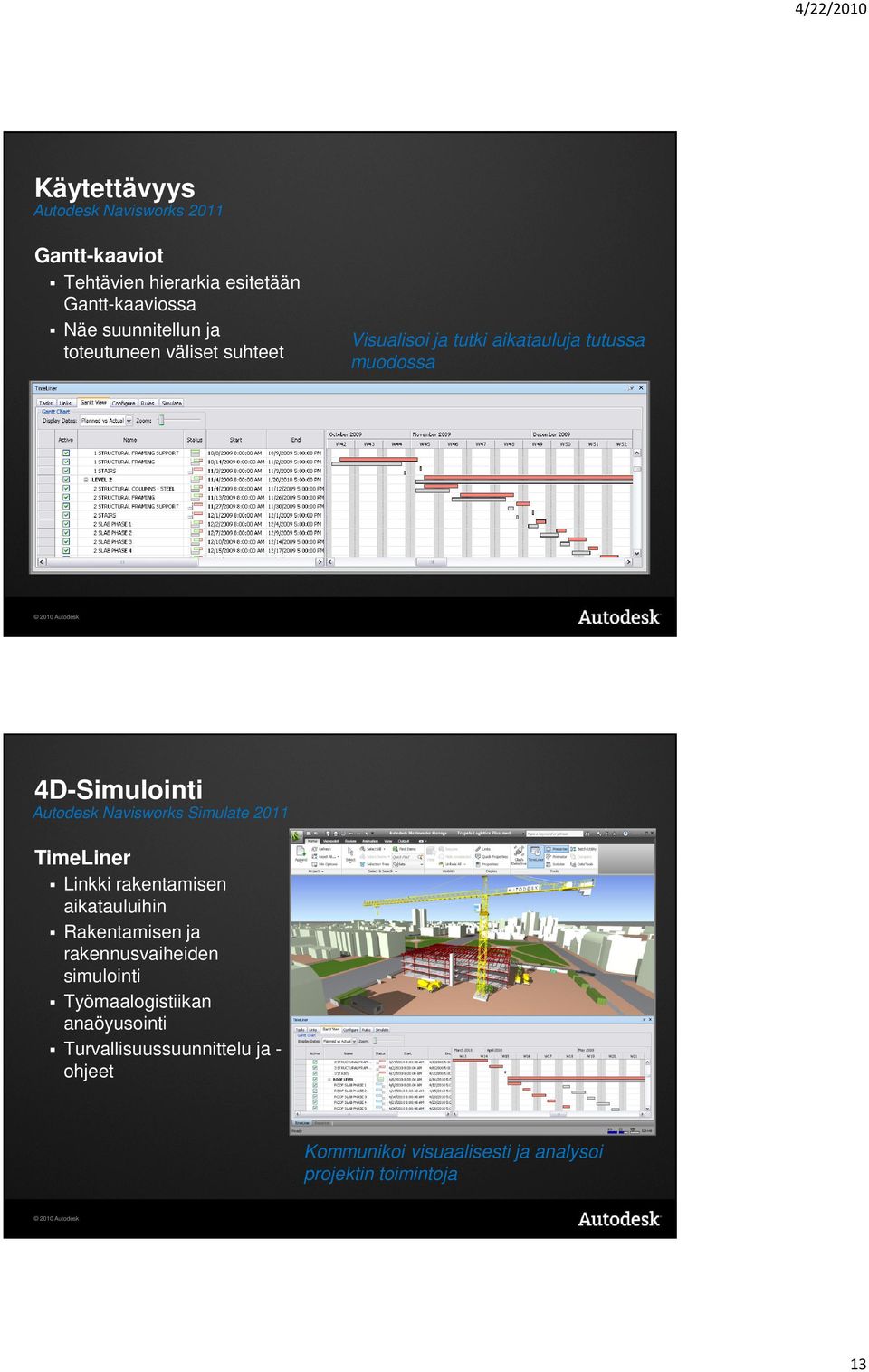 Simulate 2011 TimeLiner Linkki rakentamisen aikatauluihin Rakentamisen ja rakennusvaiheiden simulointi