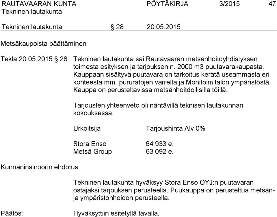 Kauppa on perusteltavissa metsänhoitdollisilla töillä. Kunnaninsinöörin ehdotus Tarjousten yhteenveto oli nähtävillä teknisen lautakunnan kokouksessa.