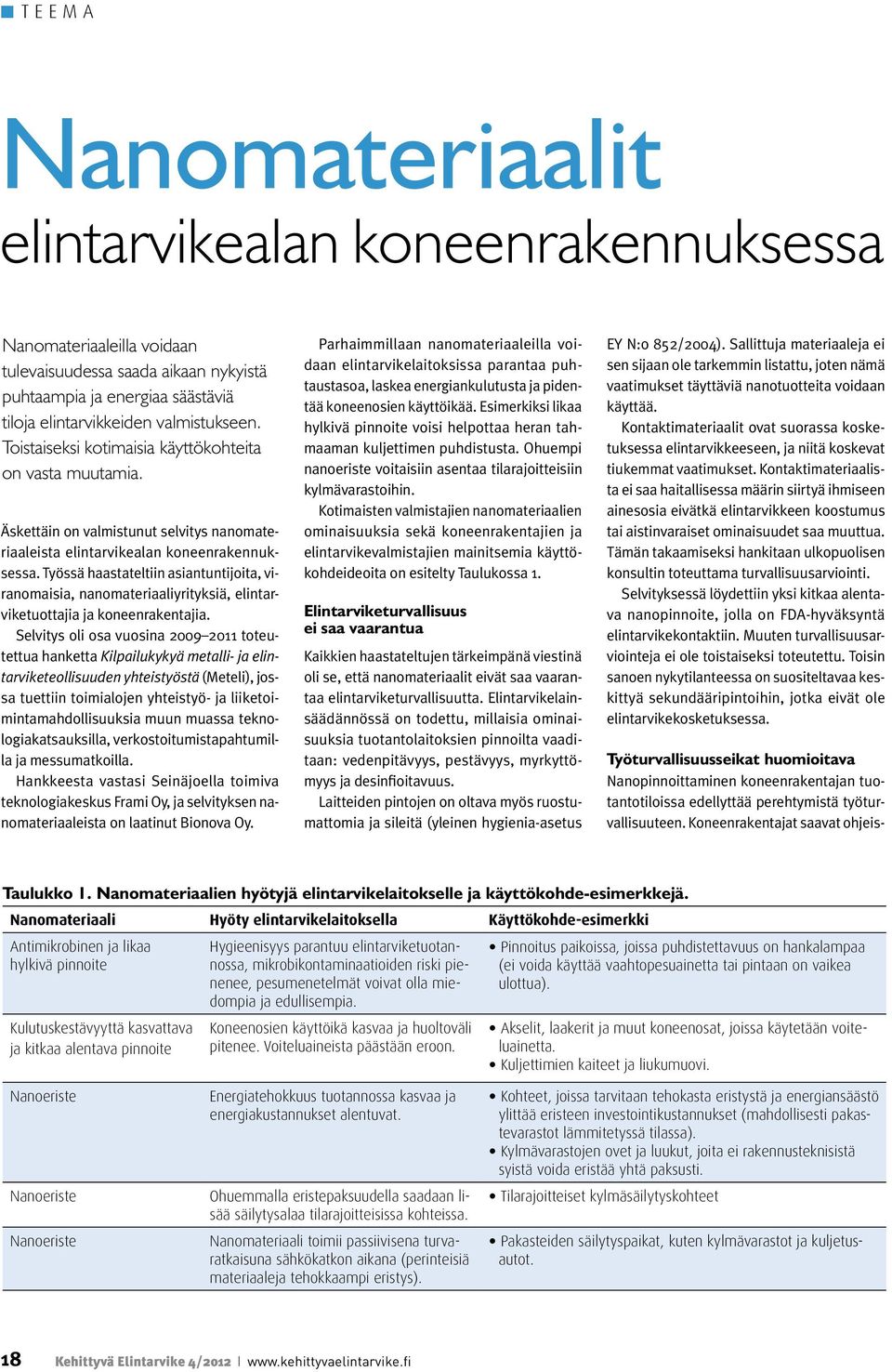 Työssä haastateltiin asiantuntijoita, viranomaisia, nanomateriaaliyrityksiä, elintarviketuottajia ja koneenrakentajia.