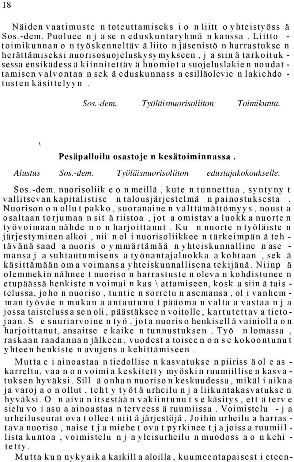 n noudat - tamisen valvontaa n sek ä eduskunnass a esilläolevie n lakiehdo - tusten käsittelyyn. Sos.-dem. Työläisnuorisoliiton Toimikunta. \ Pesäpalloilu osastoje n kesätoiminnassa. Alustus Sos.-dem. Työläisnuorisoliiton edustajakokoukselle.