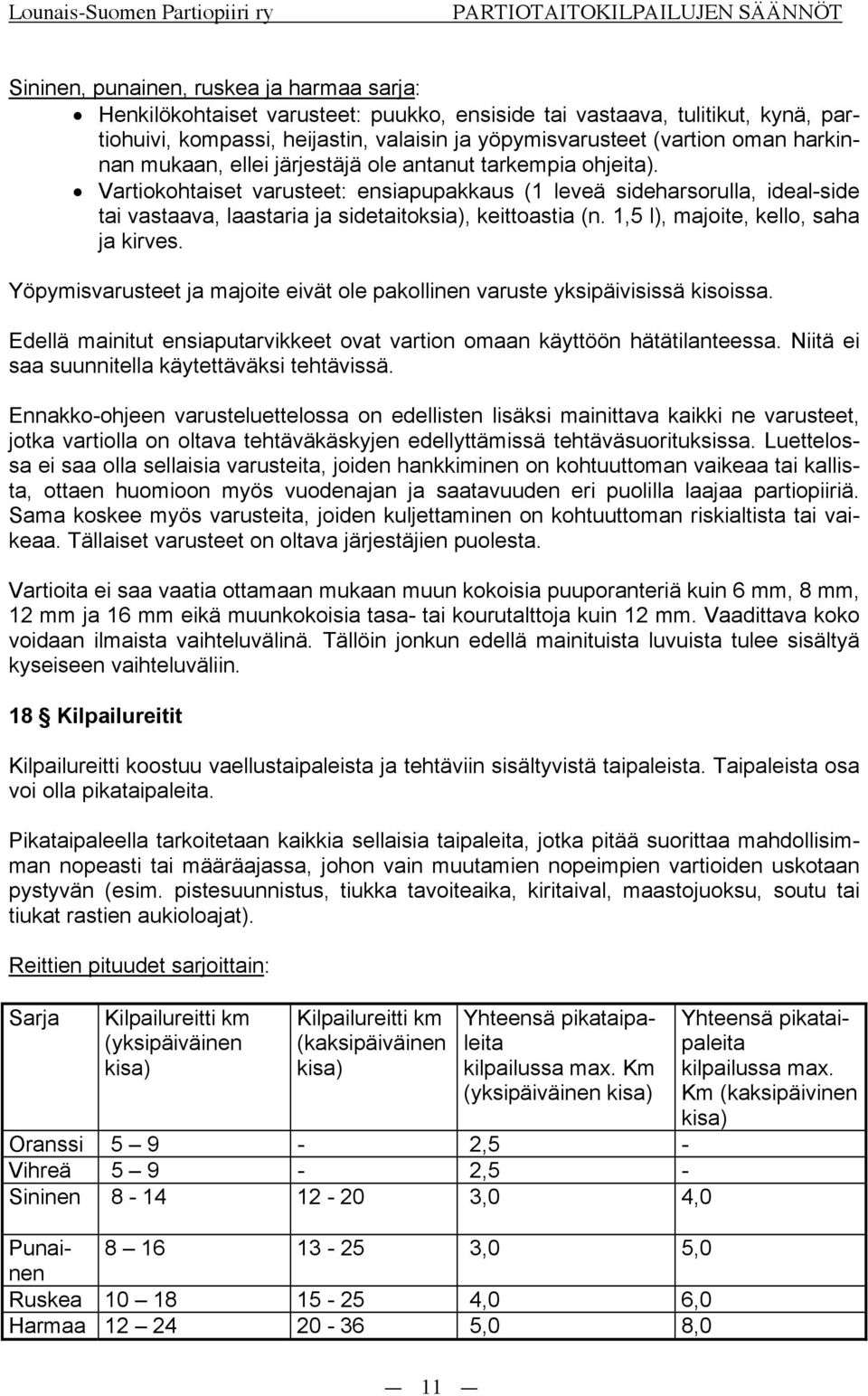 tarkempia ohjeita).! Vartiokohtaiset varusteet: ensiapupakkaus (1 leveä sideharsorulla, ideal-side tai vastaava, laastaria ja sidetaitoksia), keittoastia (n. 1,5 l), majoite, kello, saha ja kirves.