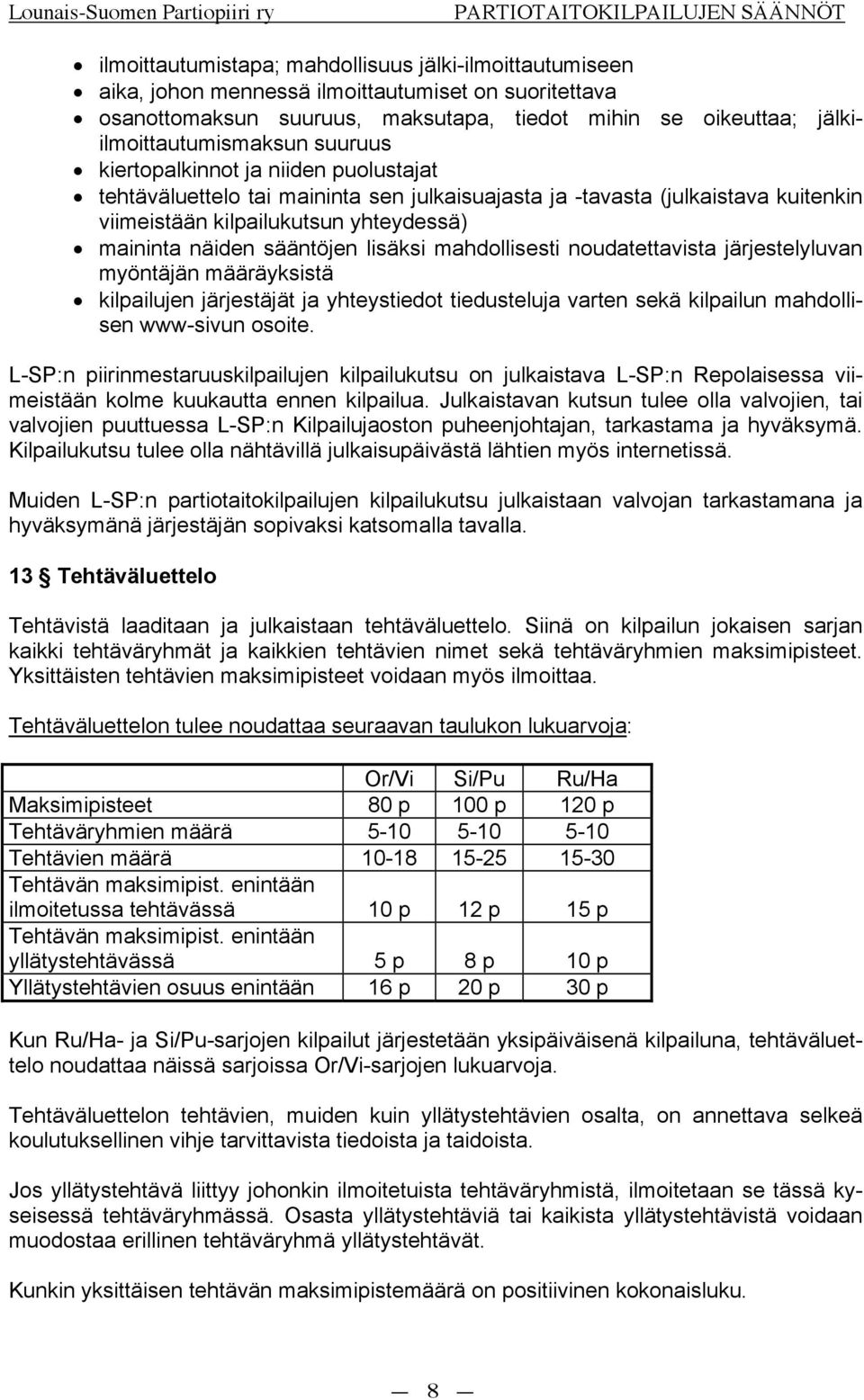 tehtäväluettelo tai maininta sen julkaisuajasta ja -tavasta (julkaistava kuitenkin viimeistään kilpailukutsun yhteydessä)!