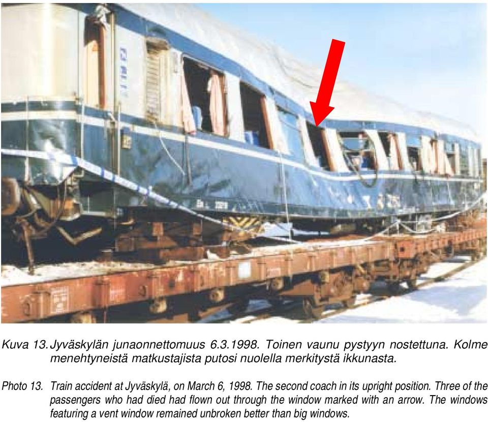 Train accident at Jyväskylä, on March 6, 1998. The second coach in its upright position.