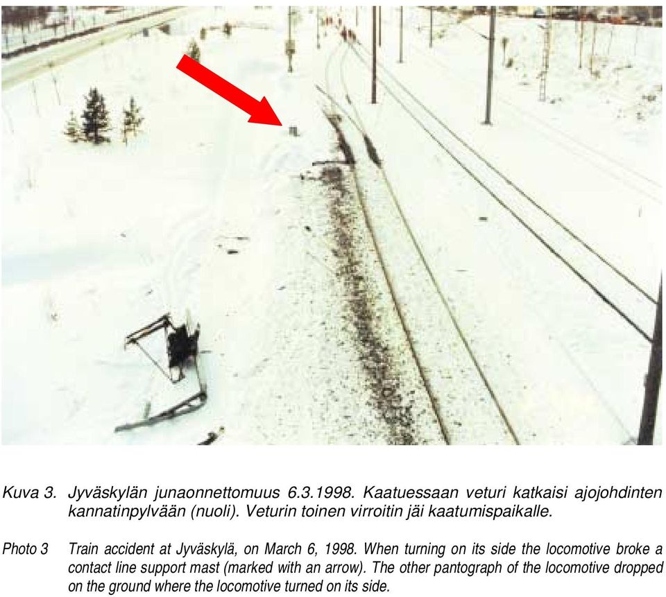 Veturin toinen virroitin jäi kaatumispaikalle. Photo 3 Train accident at Jyväskylä, on March 6, 1998.