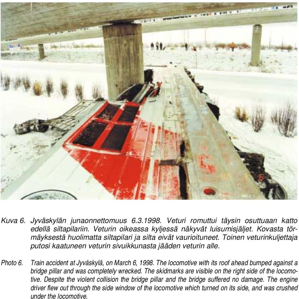 Train accident at Jyväskylä, on March 6, 1998. The locomotive with its roof ahead bumped against a bridge pillar and was completely wrecked.