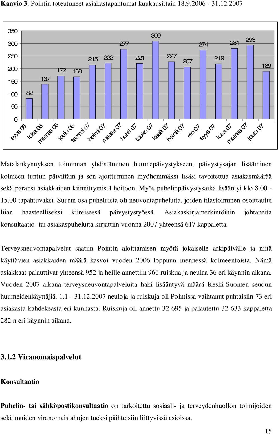 07 syys 07 loka 07 marras 07 joulu 07 Matalankynnyksen toiminnan yhdistäminen huumepäivystykseen, päivystysajan lisääminen kolmeen tuntiin päivittäin ja sen ajoittuminen myöhemmäksi lisäsi