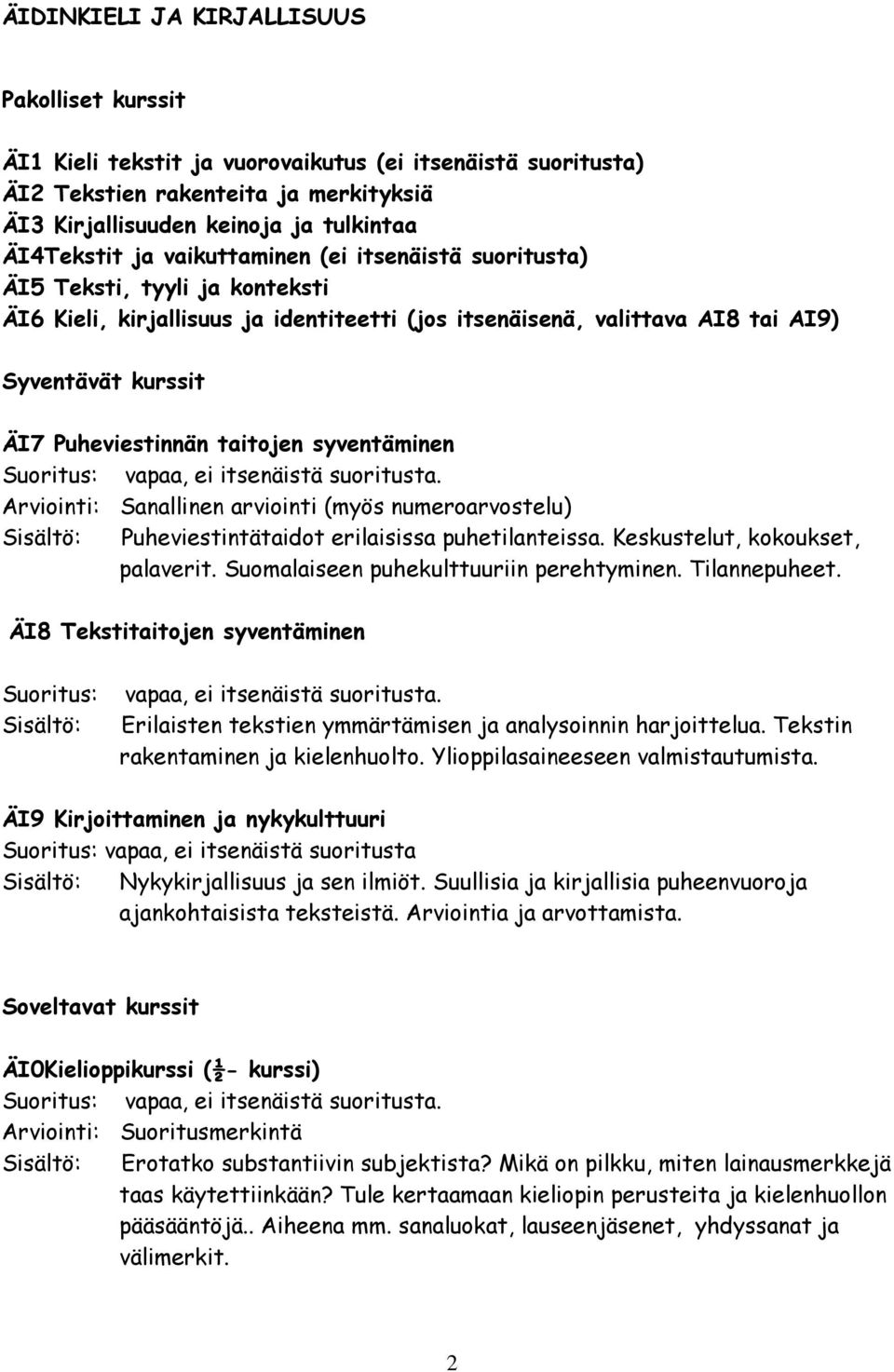 Suoritus: vapaa, ei itsenäistä suoritusta. Arviointi: Sanallinen arviointi (myös numeroarvostelu) Sisältö: Puheviestintätaidot erilaisissa puhetilanteissa. Keskustelut, kokoukset, palaverit.