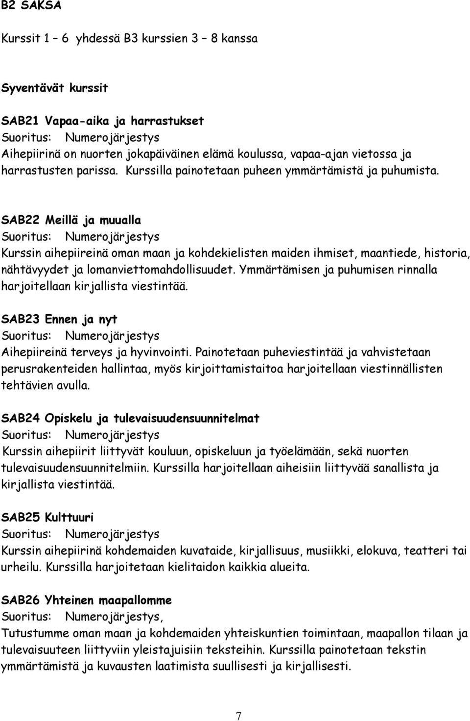 SAB22 Meillä ja muualla Suoritus: Numerojärjestys Kurssin aihepiireinä oman maan ja kohdekielisten maiden ihmiset, maantiede, historia, nähtävyydet ja lomanviettomahdollisuudet.