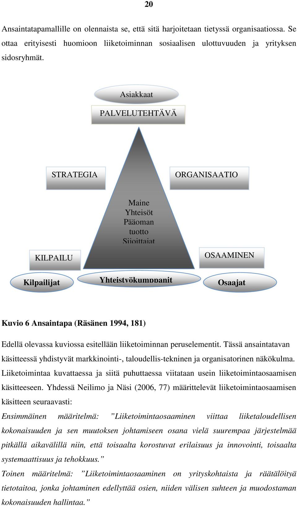 olevassa kuviossa esitellään liiketoiminnan peruselementit. Tässä ansaintatavan käsitteessä yhdistyvät markkinointi-, taloudellis-tekninen ja organisatorinen näkökulma.