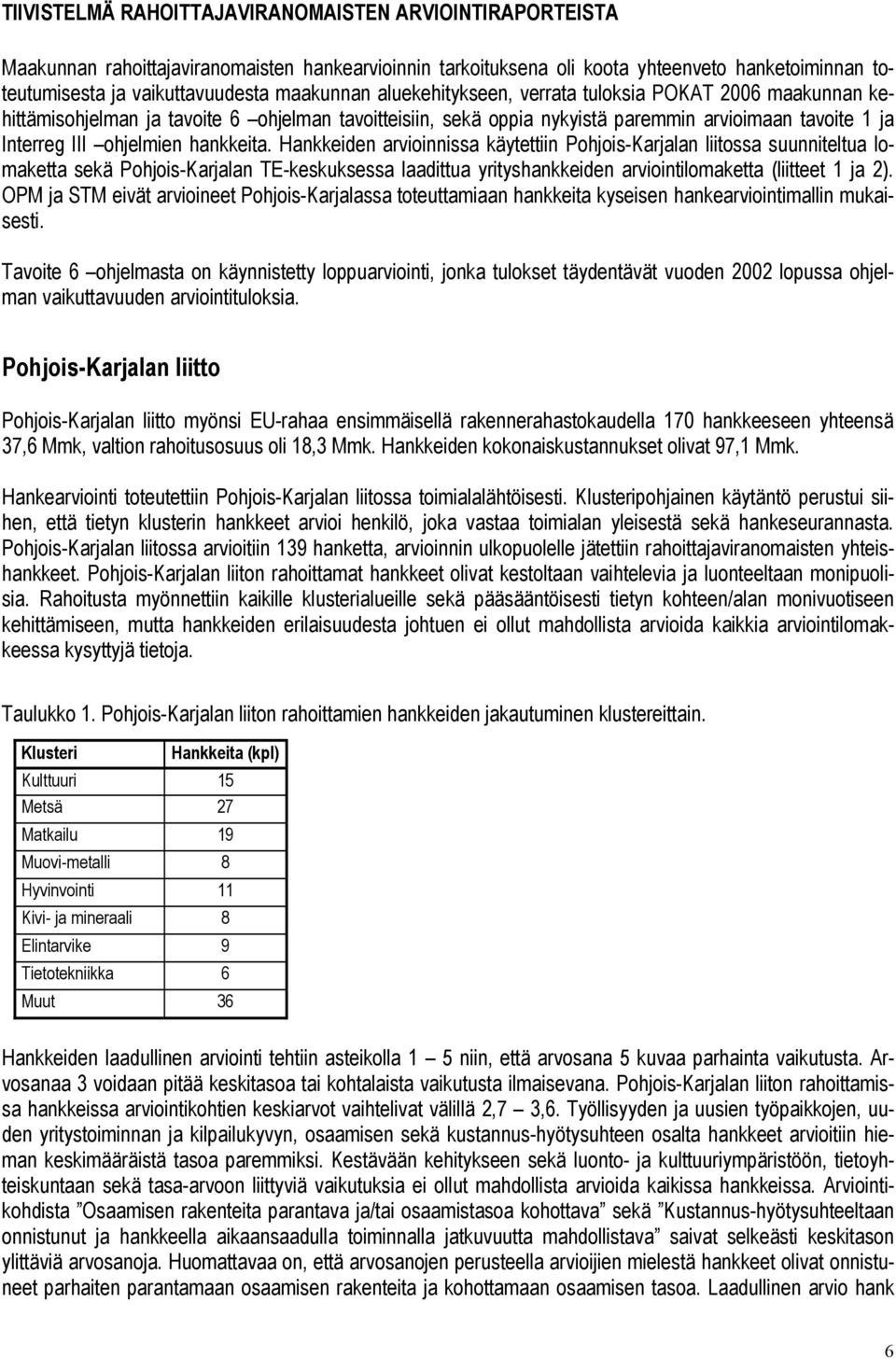 hankkeita. Hankkeiden arvioinnissa käytettiin Pohjois-Karjalan liitossa suunniteltua lomaketta sekä Pohjois-Karjalan TE-keskuksessa laadittua yrityshankkeiden arviointilomaketta (liitteet 1 ja 2).