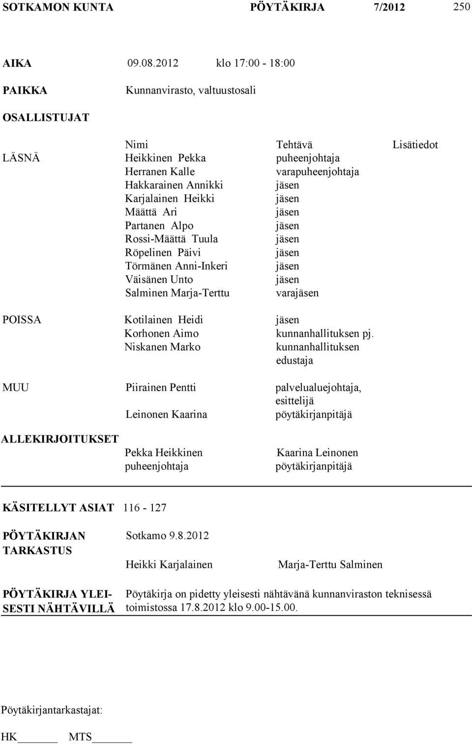 Karjalainen Heikki jäsen Määttä Ari jäsen Partanen Alpo jäsen Rossi-Määttä Tuula jäsen Röpelinen Päivi jäsen Törmänen Anni-Inkeri jäsen Väisänen Unto jäsen Salminen Marja-Terttu varajäsen POISSA