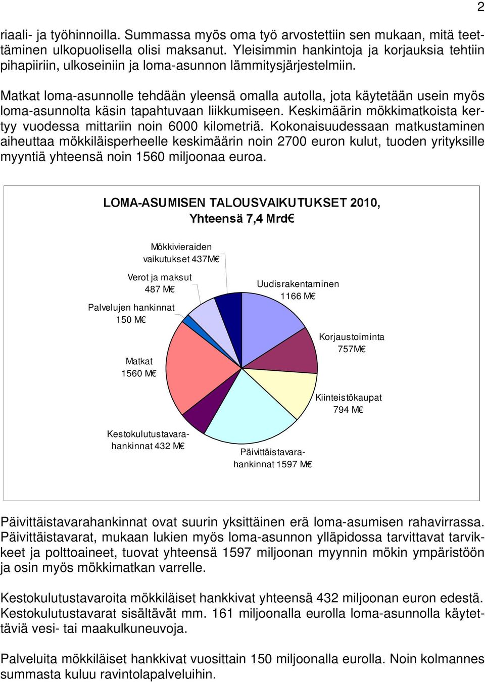 Matkat loma-asunnolle tehdään yleensä omalla autolla, jota käytetään usein myös loma-asunnolta käsin tapahtuvaan liikkumiseen.