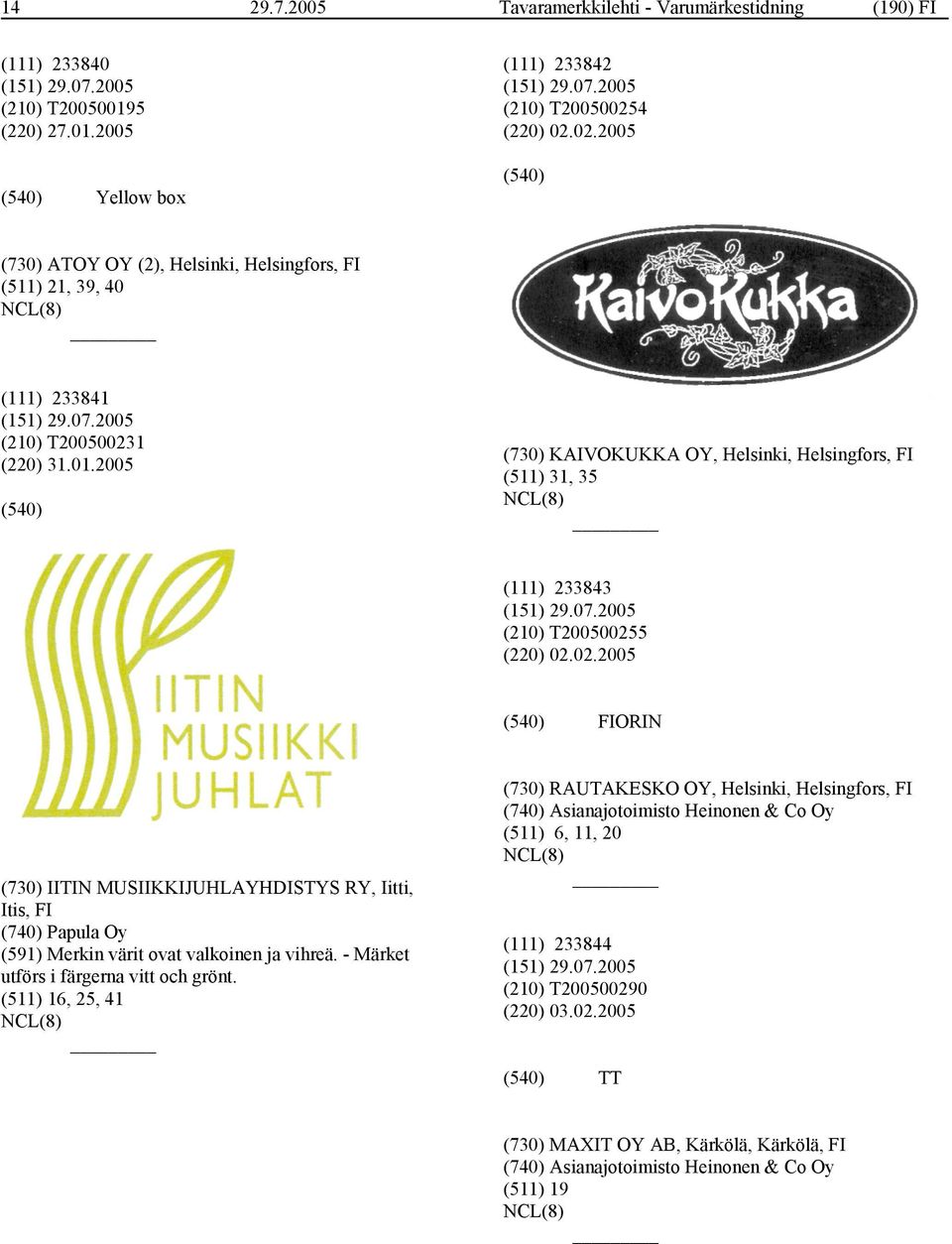 2005 (730) KAIVOKUKKA OY, Helsinki, Helsingfors, FI (511) 31, 35 (111) 233843 (210) T20050025