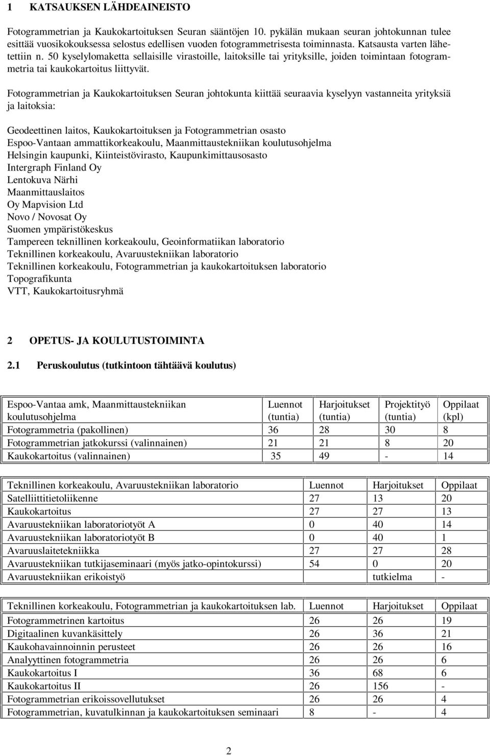 50 kyselylomaketta sellaisille virastoille, laitoksille tai yrityksille, joiden toimintaan fotogrammetria tai kaukokartoitus liittyvät.