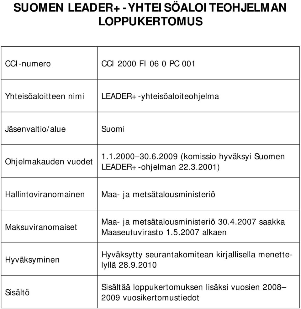 .6.2009 (komissio hyväksyi Suomen LEADER+-ohjelman 22.3.