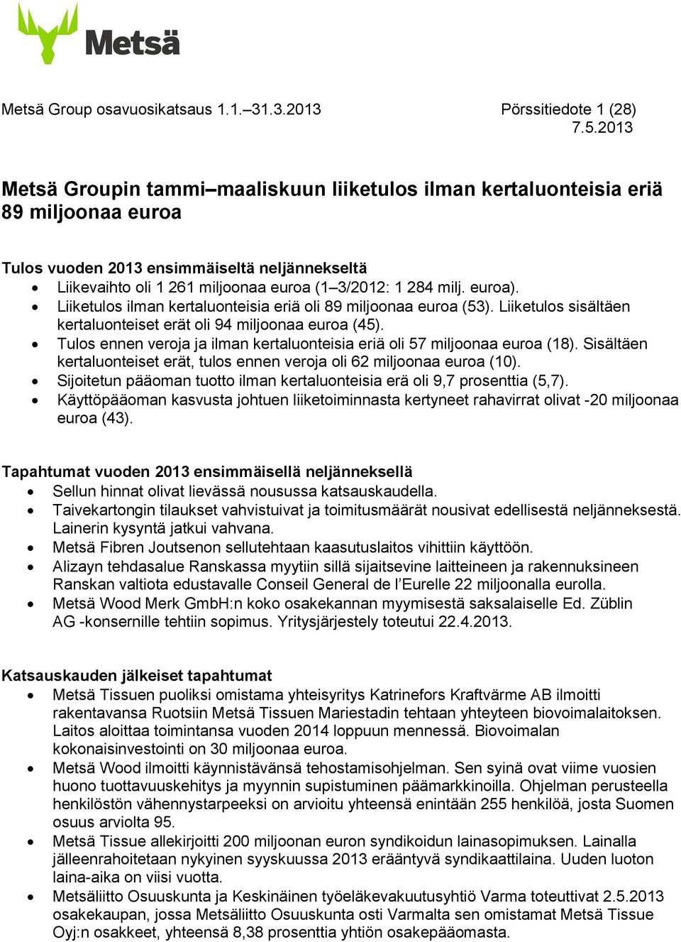 euroa (1 3/: 1 284 milj. euroa). Liiketulos ilman kertaluonteisia eriä oli 89 miljoonaa euroa (53). Liiketulos sisältäen kertaluonteiset erät oli 94 miljoonaa euroa (45).