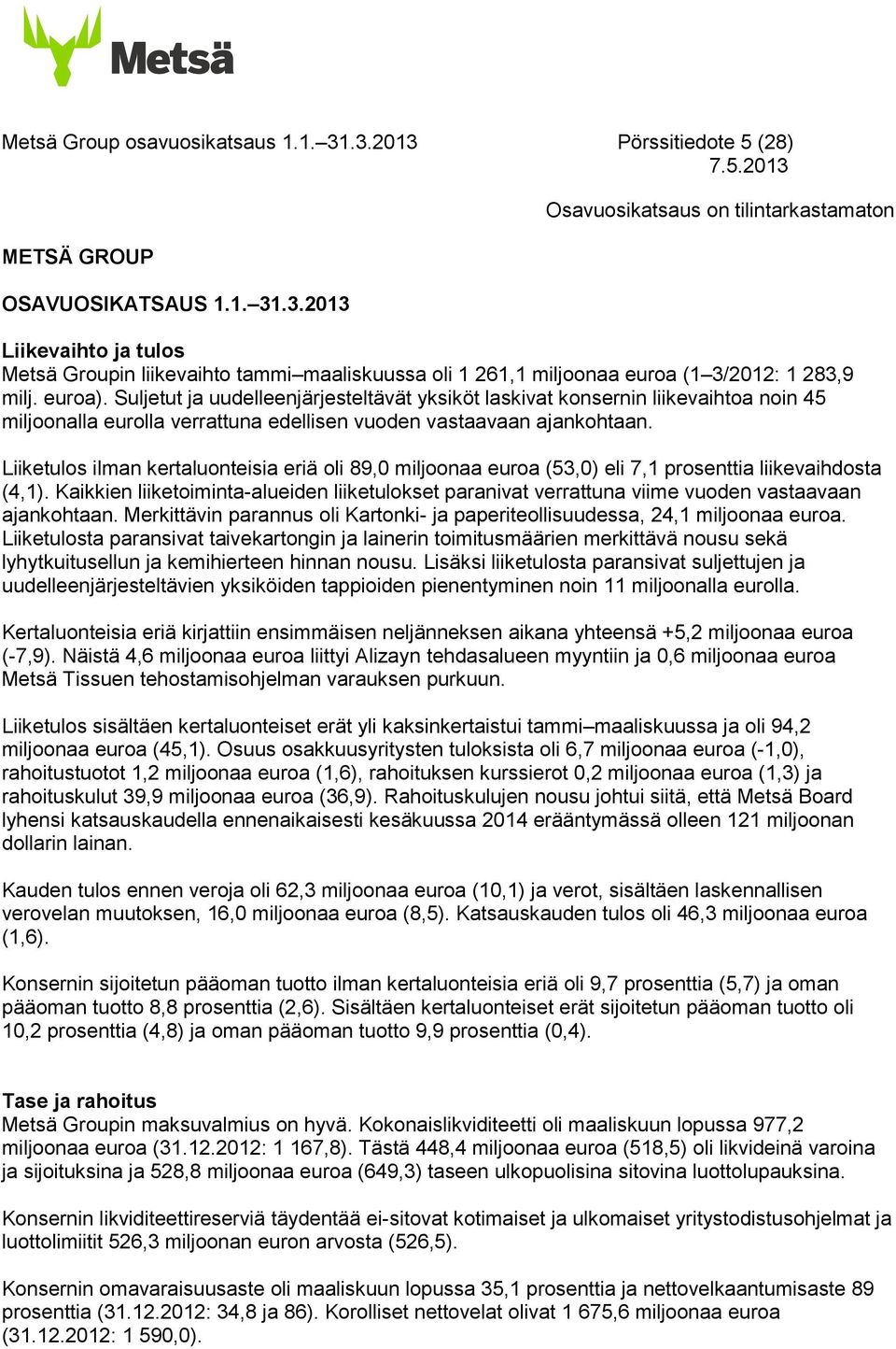 Liiketulos ilman kertaluonteisia eriä oli 89,0 miljoonaa euroa (53,0) eli 7,1 prosenttia liikevaihdosta (4,1).