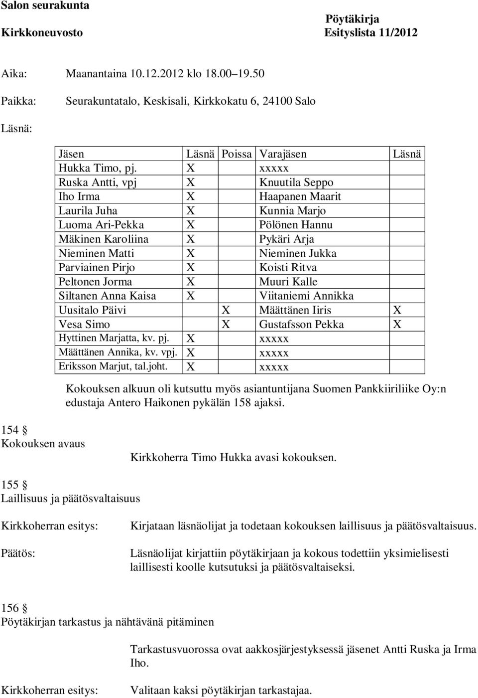 X xxxxx Ruska Antti, vpj X Knuutila Seppo Iho Irma X Haapanen Maarit Laurila Juha X Kunnia Marjo Luoma Ari-Pekka X Pölönen Hannu Mäkinen Karoliina X Pykäri Arja Nieminen Matti X Nieminen Jukka