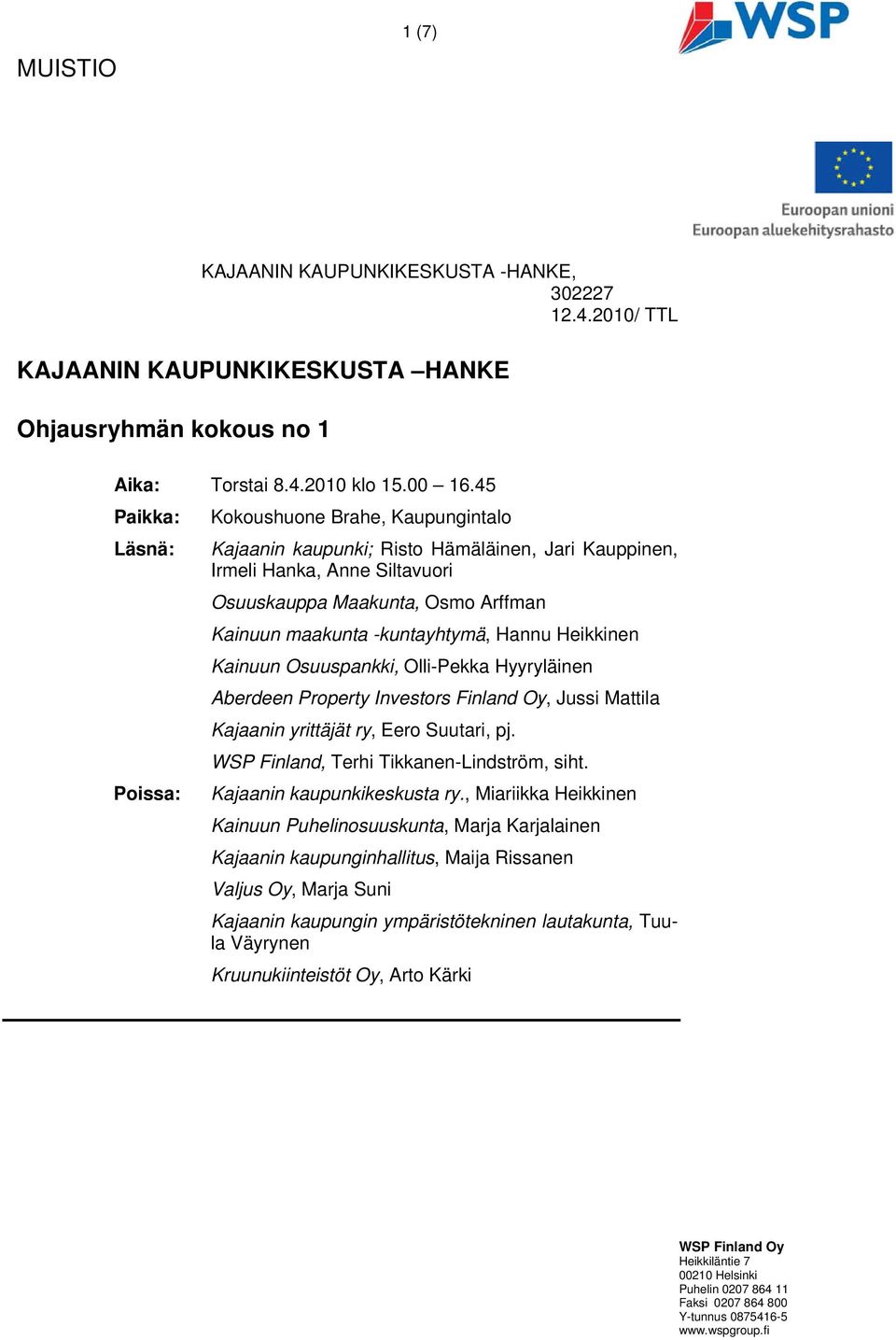 -kuntayhtymä, Hannu Heikkinen Kainuun Osuuspankki, Olli-Pekka Hyyryläinen Aberdeen Property Investors Finland Oy, Jussi Mattila Kajaanin yrittäjät ry, Eero Suutari, pj.