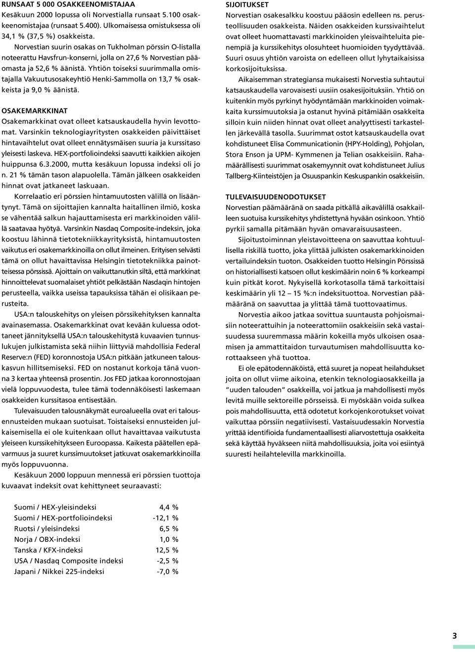 Yhtiön toiseksi suurimmalla omistajalla Vakuutusosakeyhtiö Henki-Sammolla on 13,7 % osakkeista ja 9,0 % äänistä. OSAKEMARKKINAT Osakemarkkinat ovat olleet katsauskaudella hyvin levottomat.