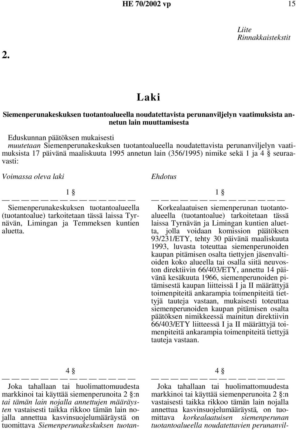 noudatettavista perunanviljelyn vaatimuksista 17 päivänä maaliskuuta 1995 annetun lain (356/1995) nimike sekä 1 ja 4 seuraavasti: Voimassa oleva laki 1 Siemenperunakeskuksen tuotantoalueella