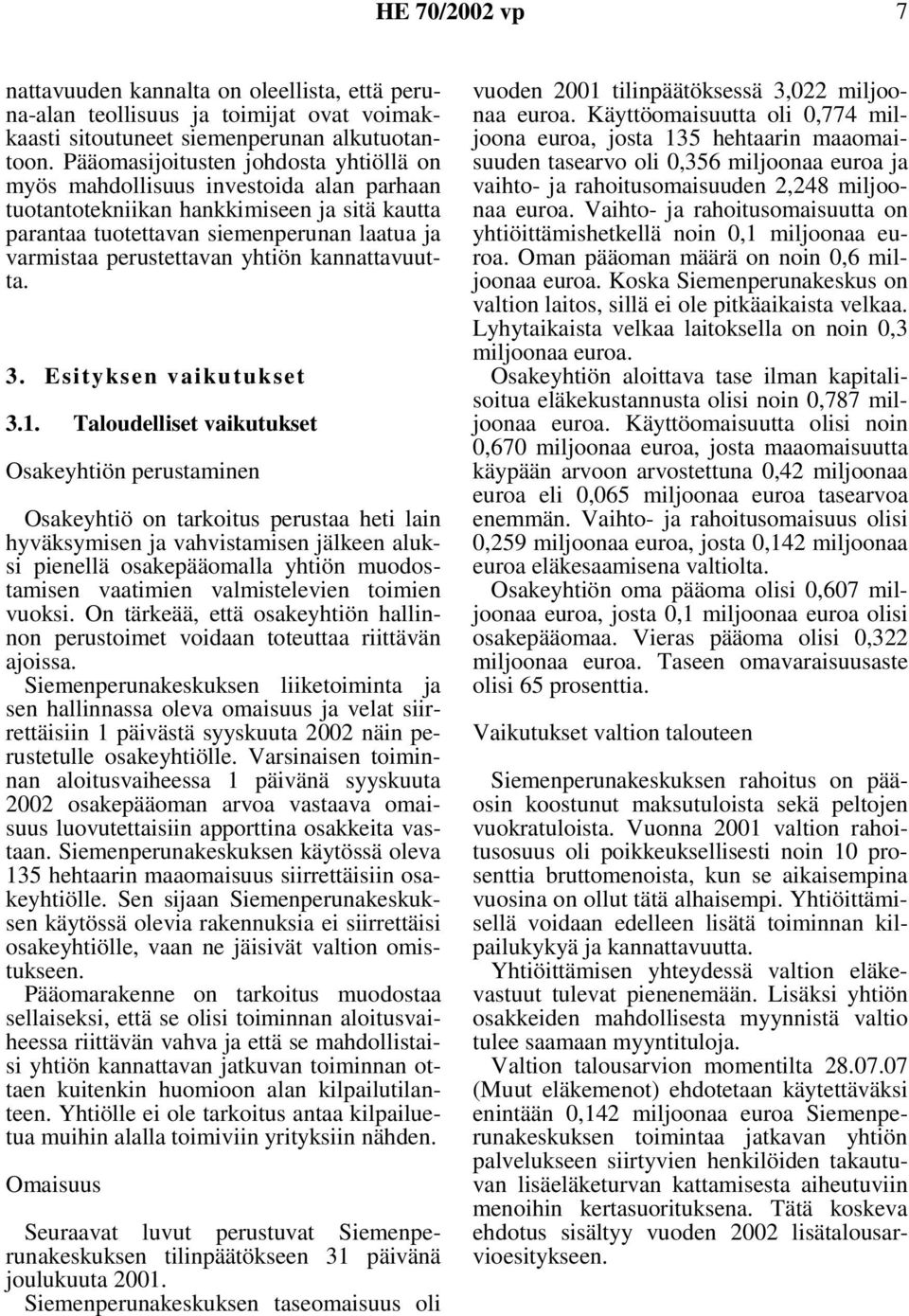 yhtiön kannattavuutta. 3. Esityksen vaikutukset 3.1.